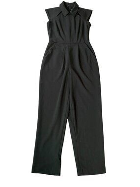 Calvin Klein Black Sleeveless Collared Jumpsuit Pointy Shoulder Accent Size 2